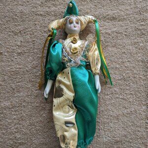 13" Venetian Carnival Mardi Gras Costume Harlequin Jester Clown Doll with Stand
